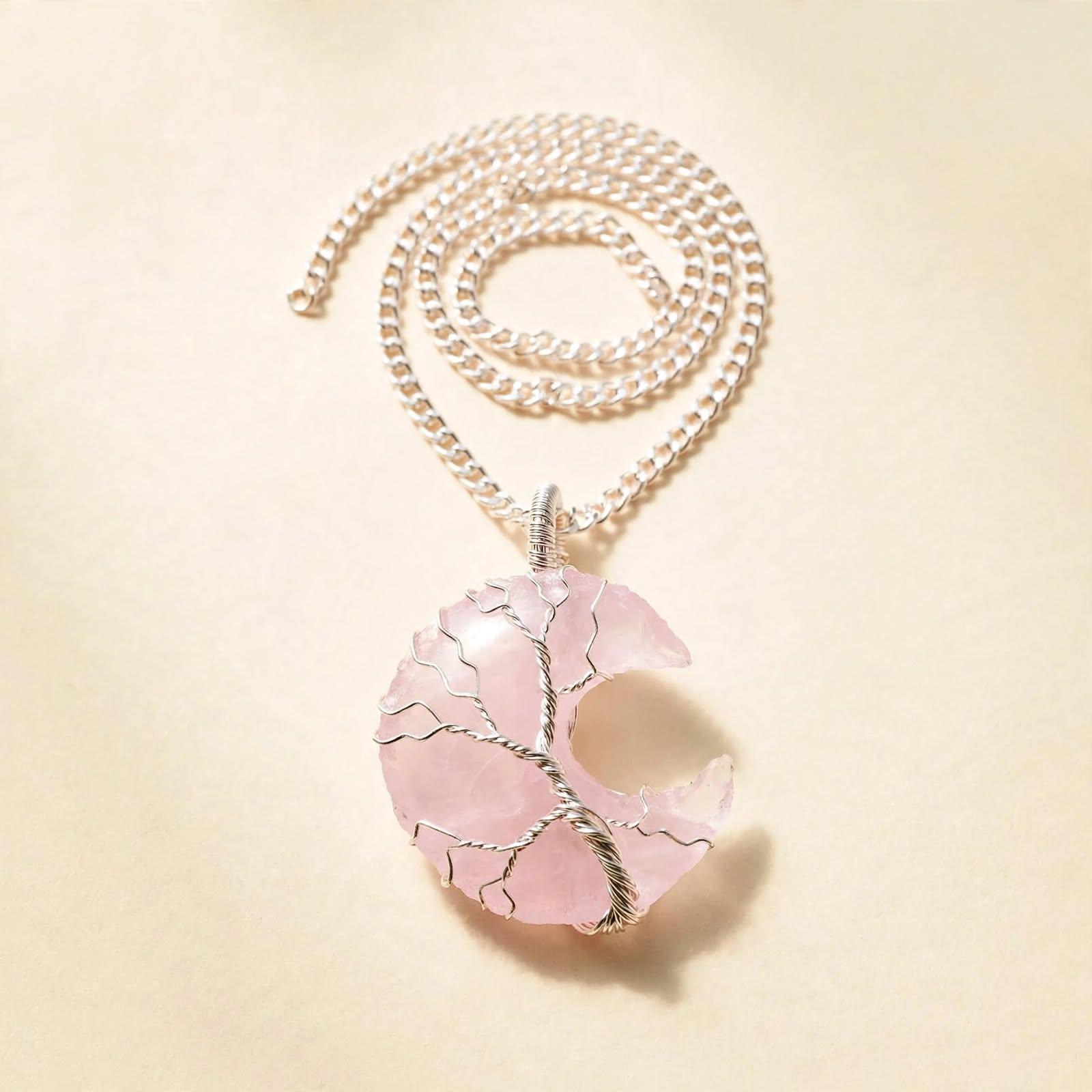Rose Quartz Moon Shape Crystal Pendant